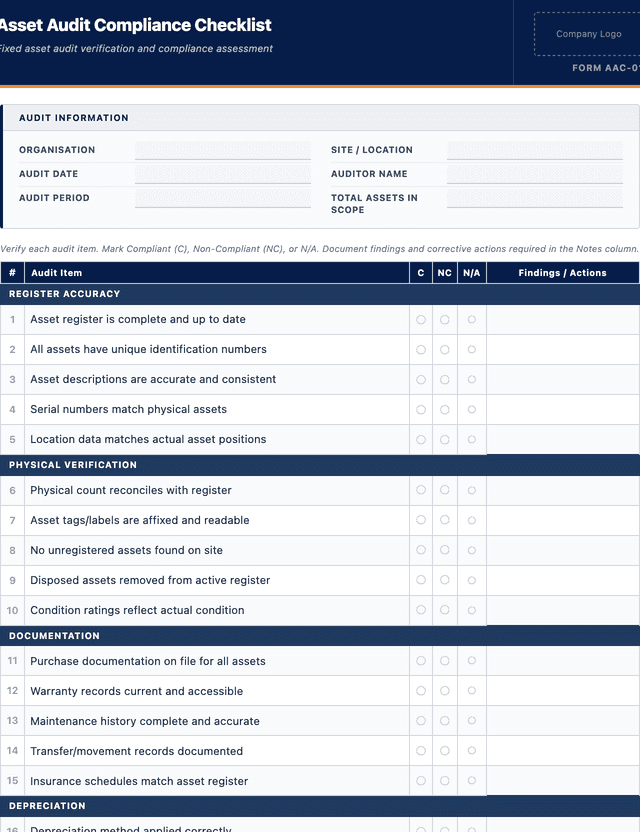 Asset audit compliance checklist template preview showing fields and layout