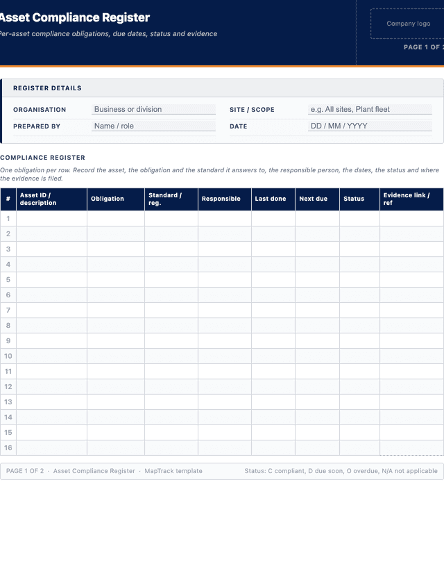 Asset compliance register template preview showing fields and layout