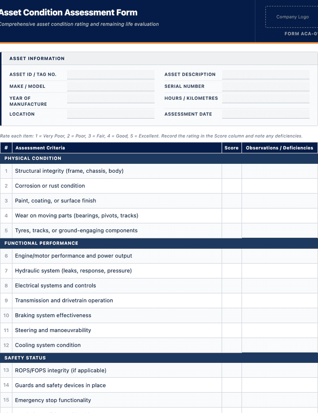Asset condition assessment form template preview showing fields and layout