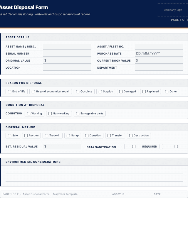Asset disposal and write-off form template preview showing fields and layout