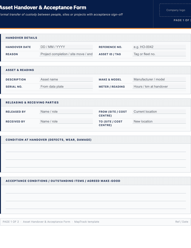 Asset handover and acceptance form template preview showing fields and layout