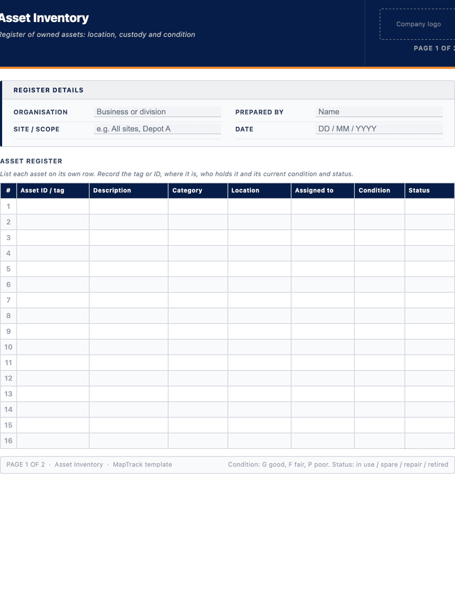 Asset inventory template template preview showing fields and layout
