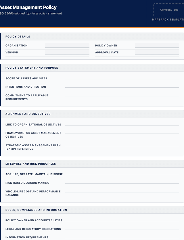 Asset management policy template template preview showing fields and layout