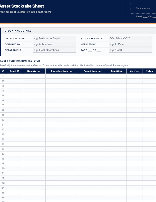 Asset stocktake sheet template preview showing fields and layout