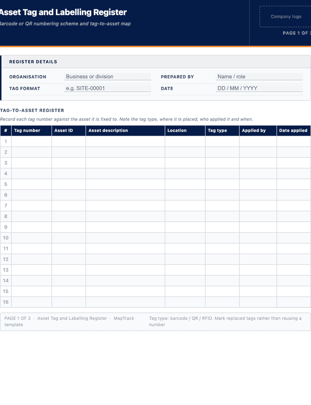 Asset tag and labelling register template preview showing fields and layout