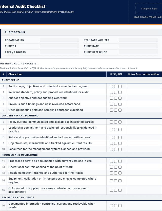 Audit checklist template template preview showing fields and layout