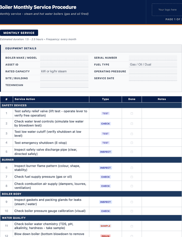 Boiler monthly service procedure template preview showing fields and layout
