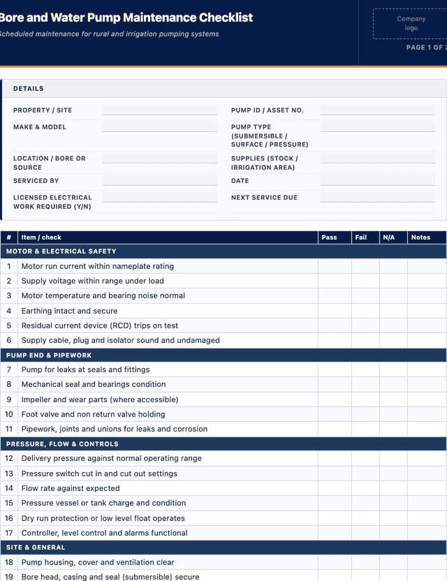 Bore and Water Pump Maintenance Checklist template preview showing fields and layout