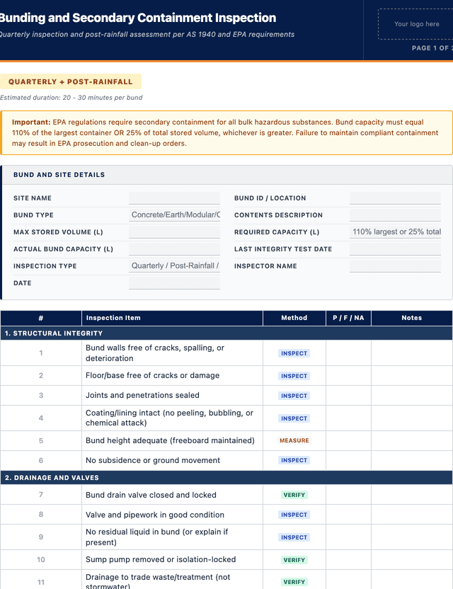Bunding and secondary containment inspection template preview showing fields and layout
