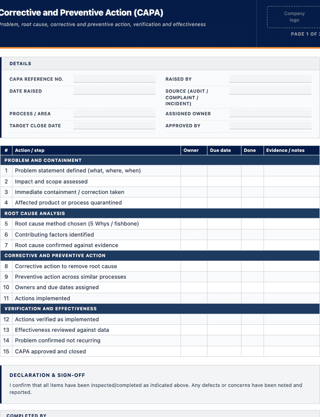 Corrective and Preventive Action (CAPA) template preview showing fields and layout