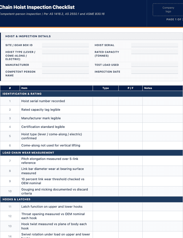 Chain Hoist Inspection Checklist template preview showing fields and layout