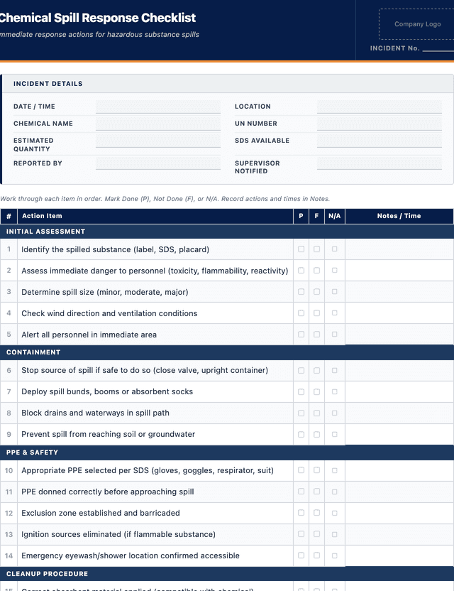 Chemical spill response checklist template preview showing fields and layout