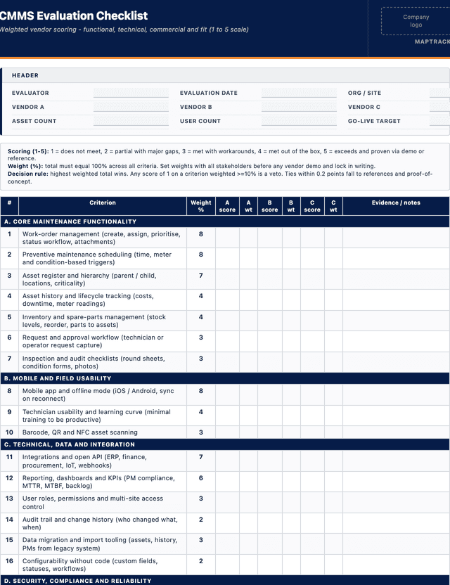 CMMS evaluation checklist template preview showing fields and layout