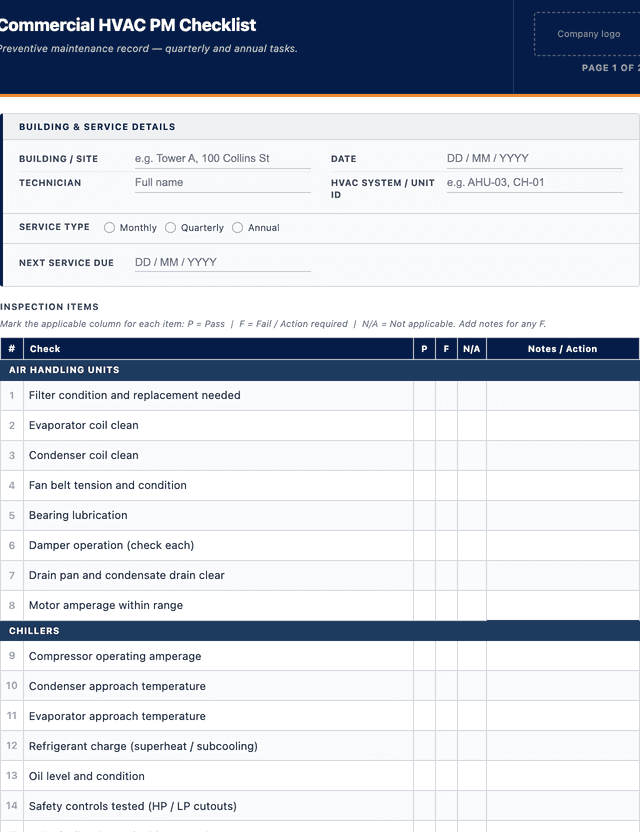 Commercial HVAC preventive maintenance checklist template preview showing fields and layout