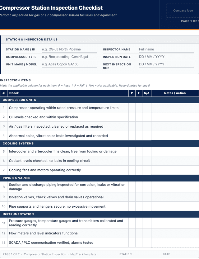 Compressor station inspection checklist template preview showing fields and layout