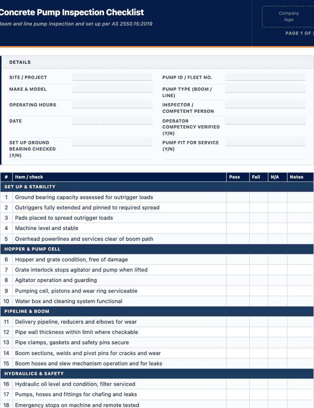 Concrete Pump Inspection Checklist template preview showing fields and layout