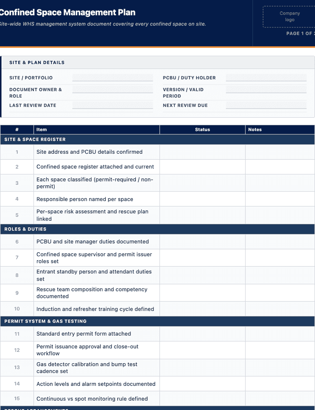 Confined space management plan template template preview showing fields and layout