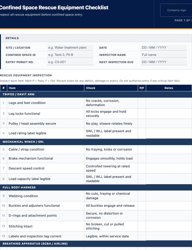 Confined space rescue equipment checklist template preview showing fields and layout