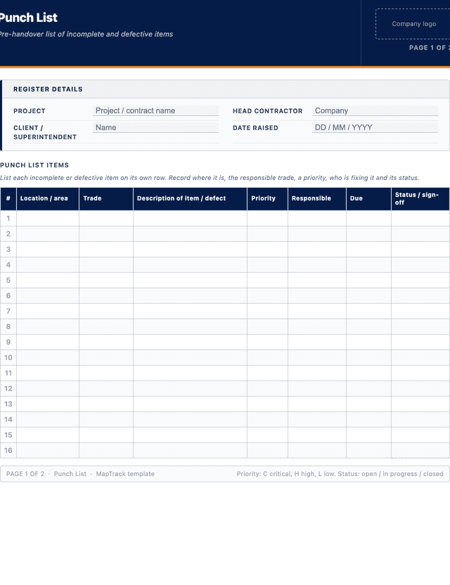Punch list template template preview showing fields and layout