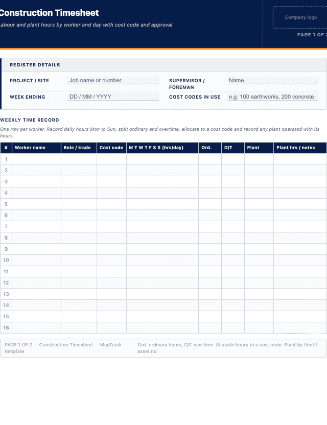 Construction timesheet template template preview showing fields and layout