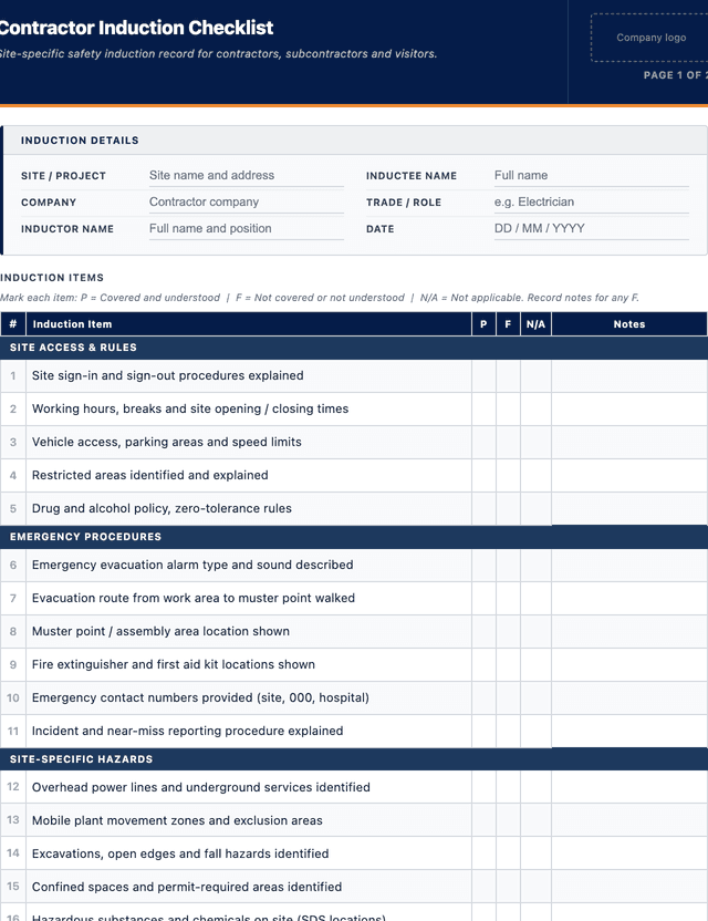 Contractor Induction Checklist template preview showing fields and layout