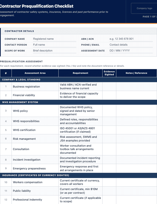 Contractor Prequalification Checklist template preview showing fields and layout