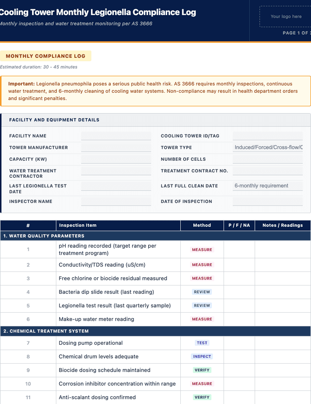 Cooling tower monthly Legionella compliance log template preview showing fields and layout