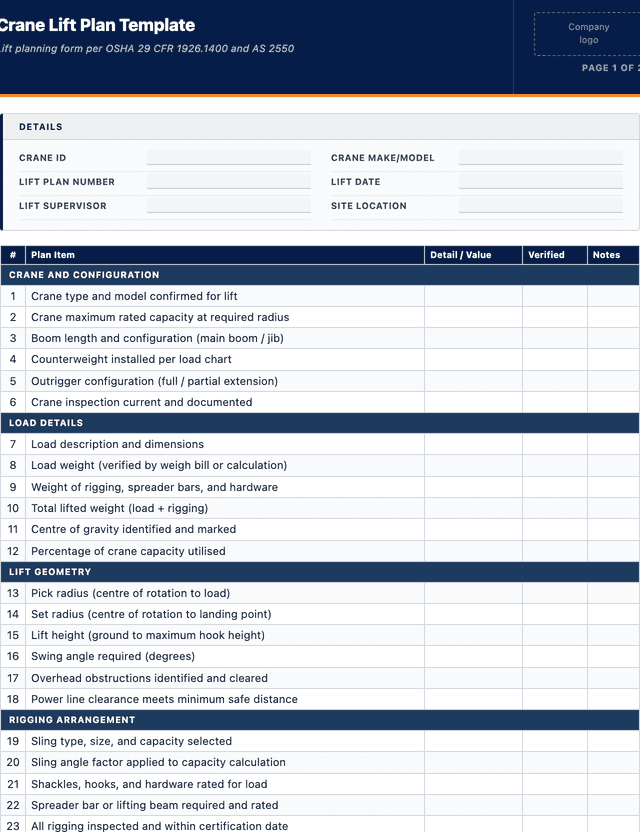 Crane Lift Plan Template template preview showing fields and layout