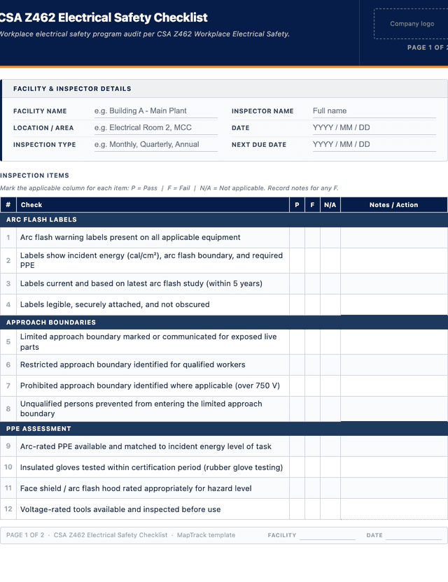 CSA electrical safety checklist template preview showing fields and layout