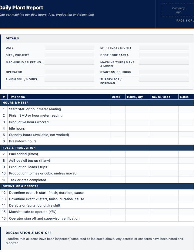 Daily Plant Report template preview showing fields and layout