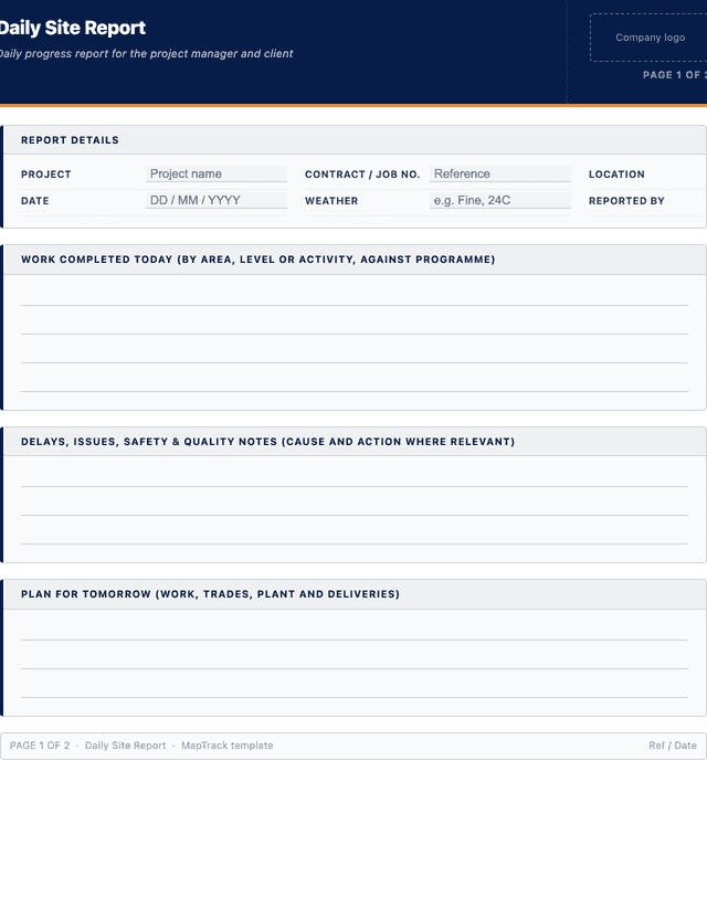 Daily site report template template preview showing fields and layout
