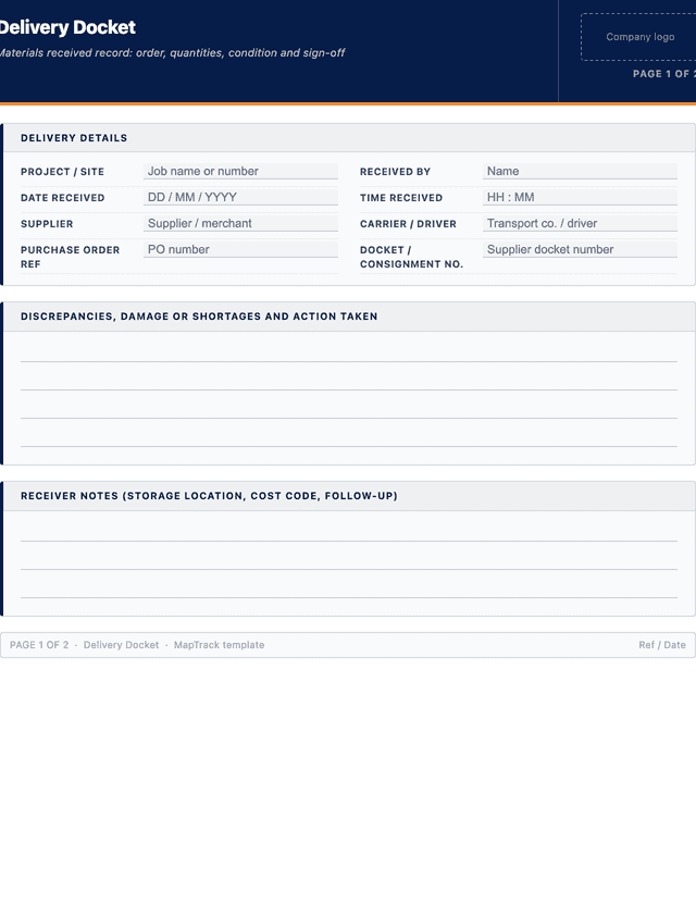 Delivery docket template template preview showing fields and layout