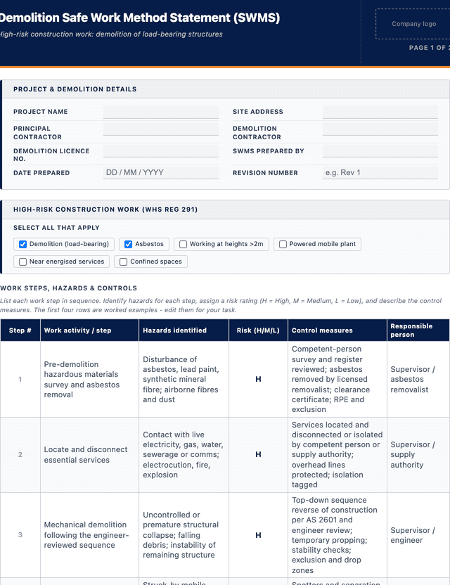 Demolition SWMS template template preview showing fields and layout