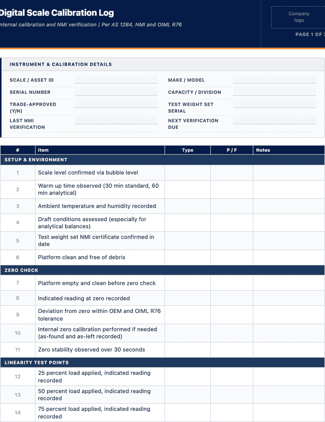 Digital Scale Calibration Log Template template preview showing fields and layout