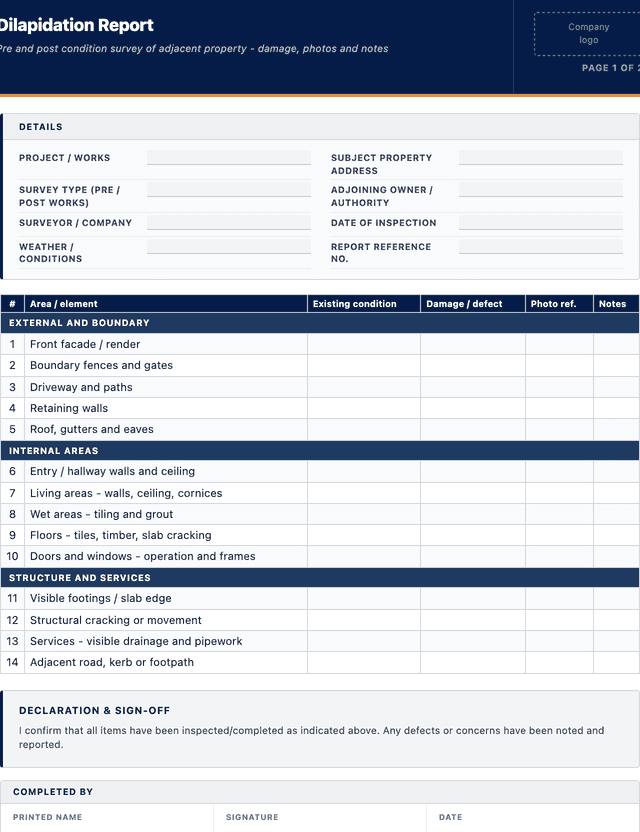 Dilapidation Report template preview showing fields and layout