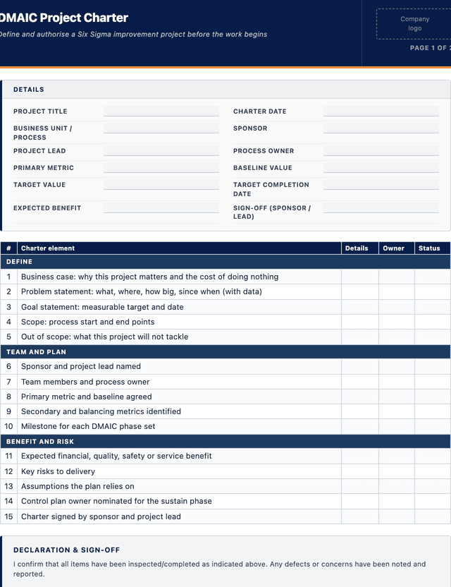 DMAIC Project Charter template preview showing fields and layout
