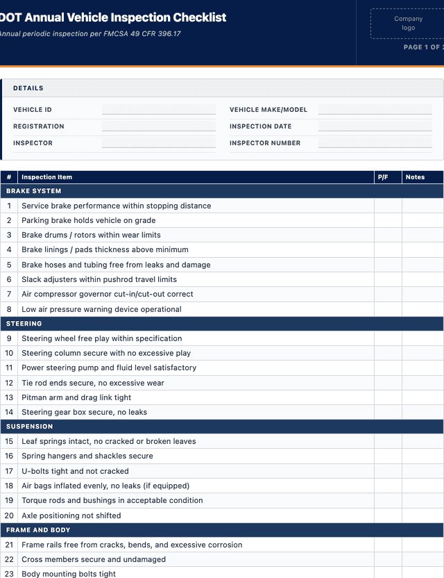 DOT Annual Vehicle Inspection Checklist template preview showing fields and layout