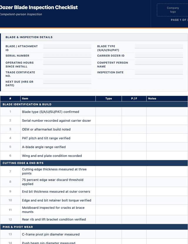 Dozer Blade Inspection Checklist template preview showing fields and layout