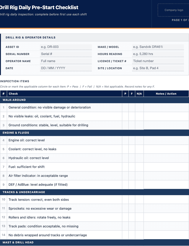 Drill rig pre-start checklist template preview showing fields and layout