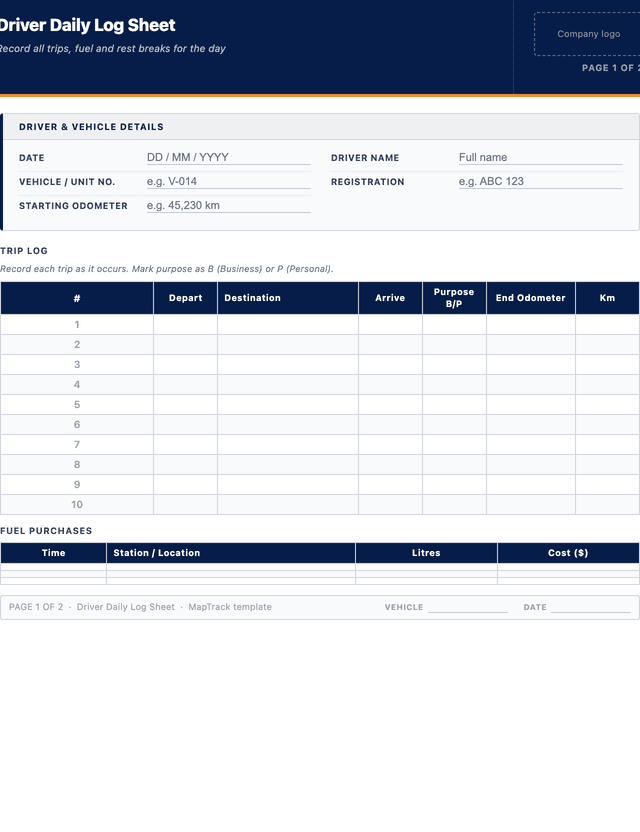 Driver daily log sheet template preview showing fields and layout