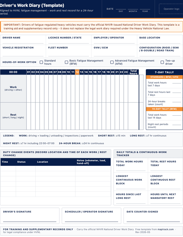 Drivers work diary template (NHVR-aligned) template preview showing fields and layout