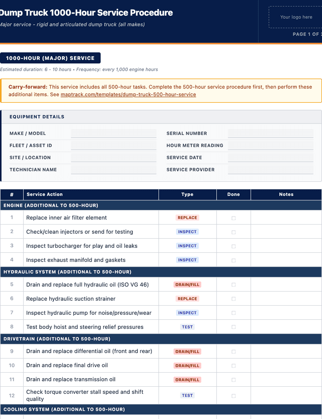 Dump truck 1000-hour service checklist template preview showing fields and layout