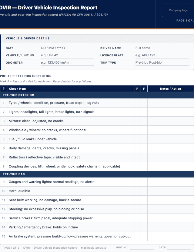 DVIR - driver vehicle inspection report template preview showing fields and layout