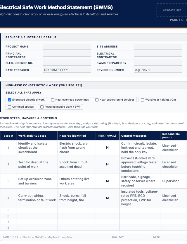 Electrical SWMS template template preview showing fields and layout
