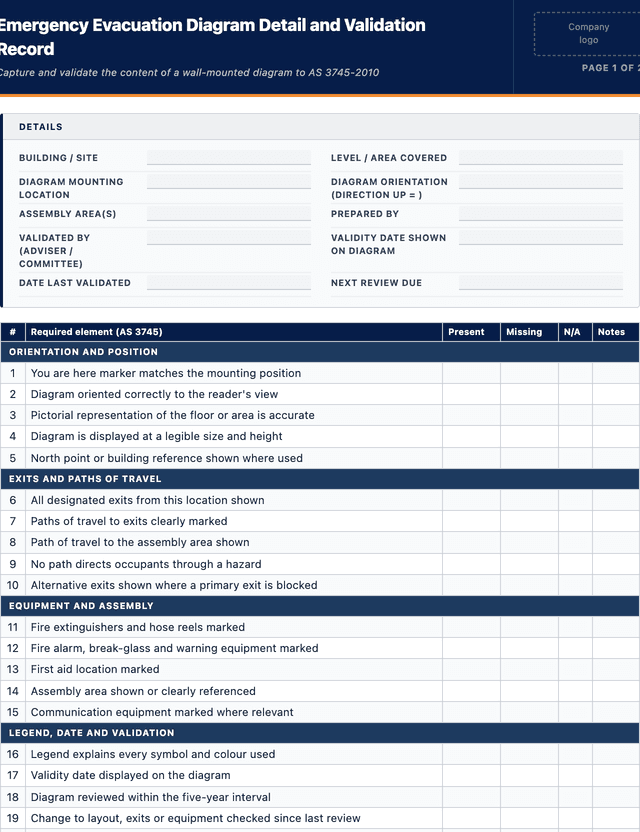 Emergency Evacuation Diagram template preview showing fields and layout