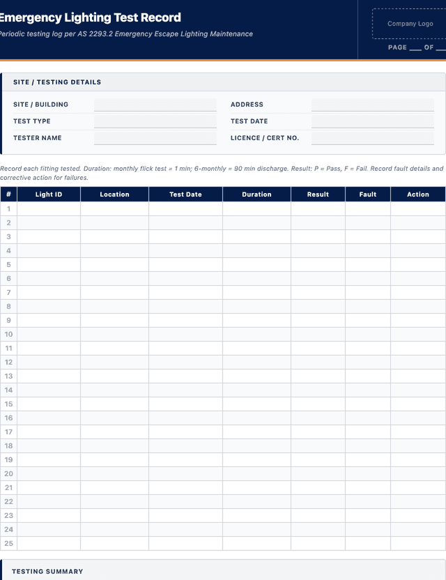 Emergency lighting test record template preview showing fields and layout