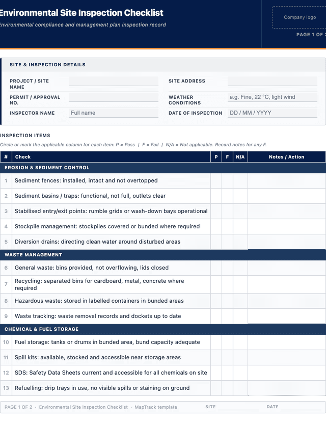 Environmental site inspection checklist template preview showing fields and layout