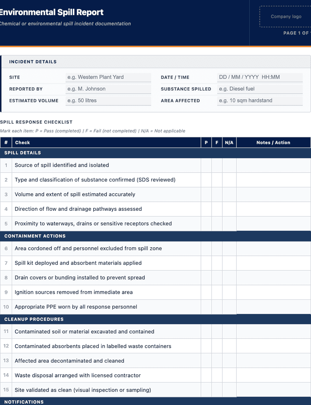 Environmental spill report template preview showing fields and layout