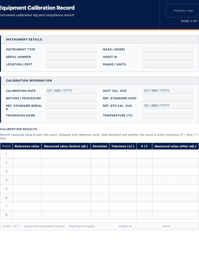 Equipment calibration record template preview showing fields and layout