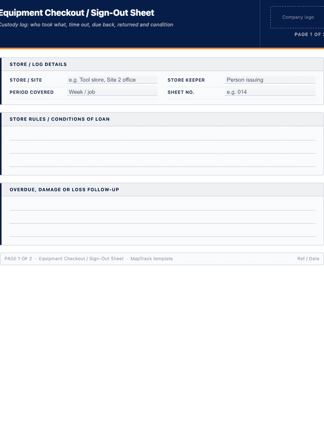 Equipment checkout / sign-out sheet template preview showing fields and layout
